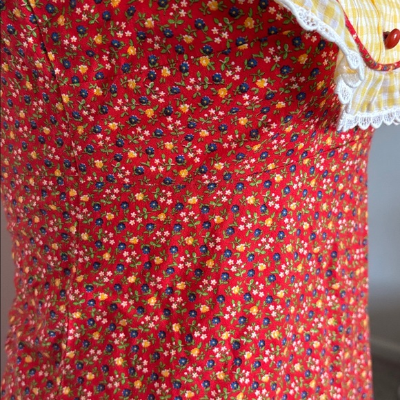 Lola Juniors 3 Vintage Ruffle Gingham Floral Red and Yellow Sleeveless Dress 70s - Picture 4 of 8